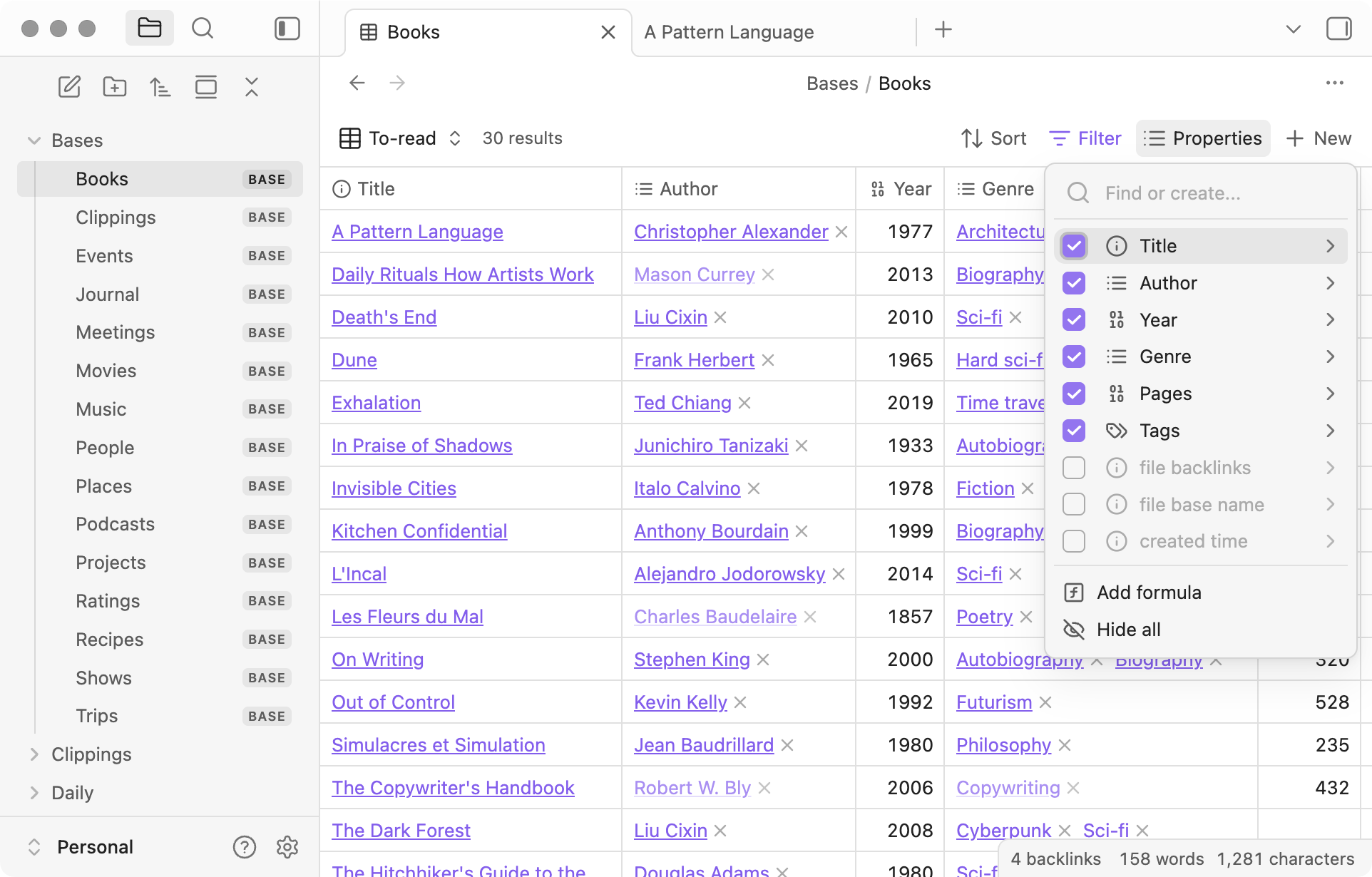 Example of a base showing a table view with a list of books